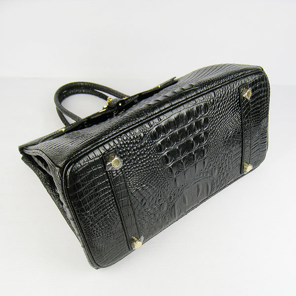 High Quality Fake Hermes Birkin 35CM Crocodile Head Veins Leather Bag Black 6089